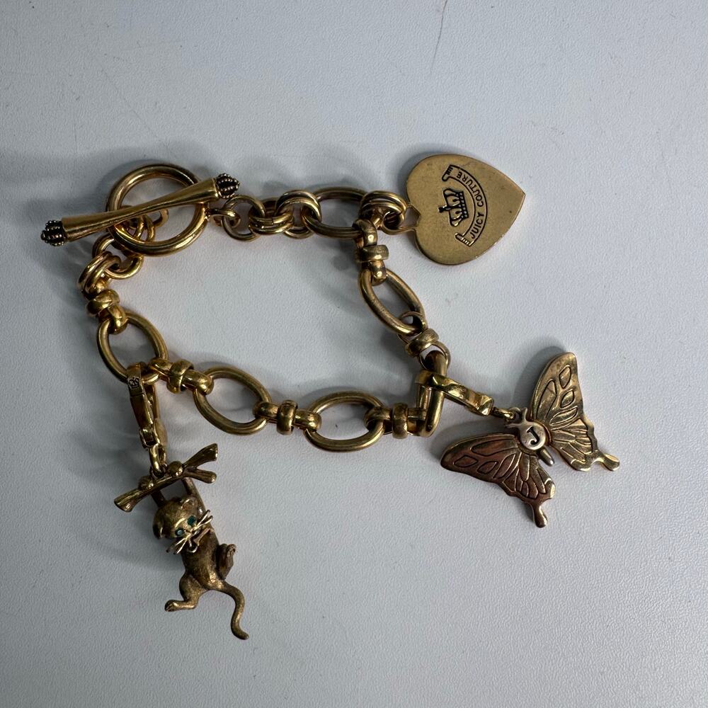 Juicy Couture Y2K Gold Tone Charm Toggle Bracelet Crystal Heart, Butterfly, Cat - Picture 7 of 7
